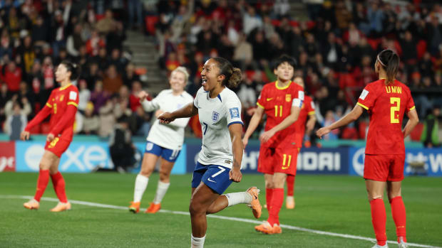 Lauren James pictured (center) celebrating a goal during England's 6-1 win over China at the 2023 FIFA Women's World Cup